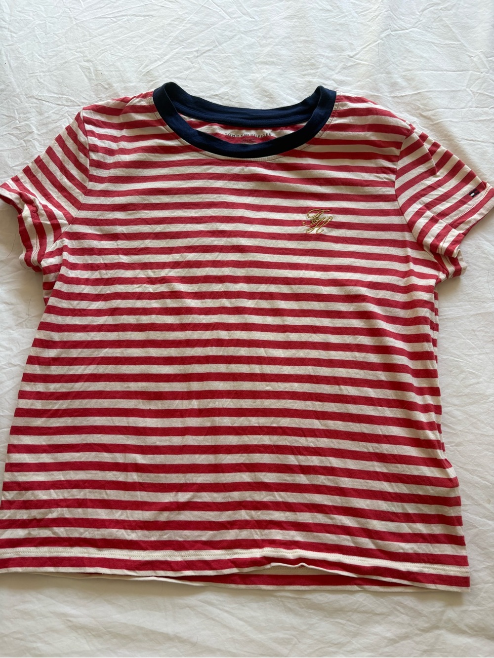 Tommy Hilfiger Red & White Striped Crewneck Tee with Navy Trim